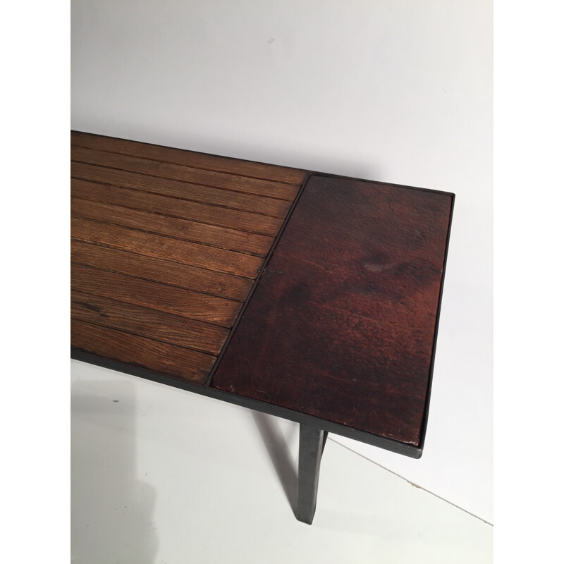 Table basse en métal, cuir et bois - 1950