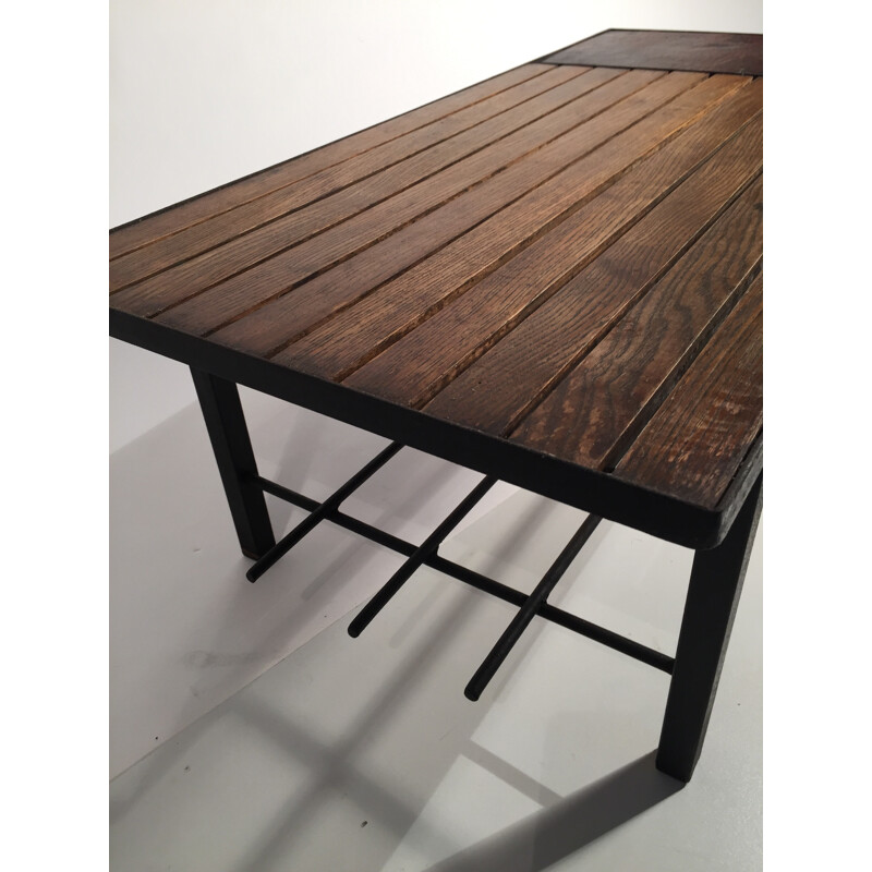 Coffee table in metal, leather and wood - 1950s 