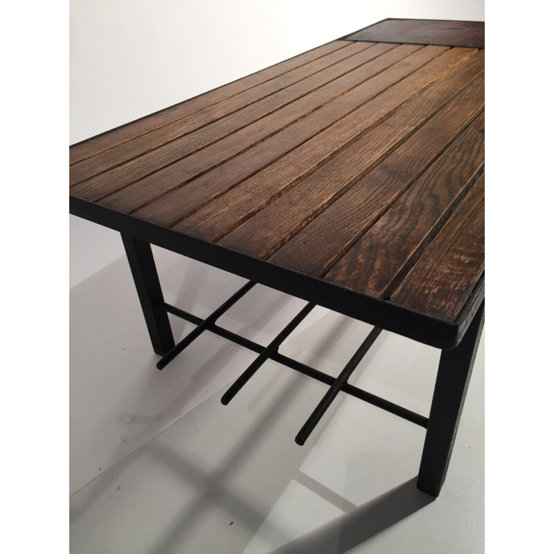 Table basse en métal, cuir et bois - 1950