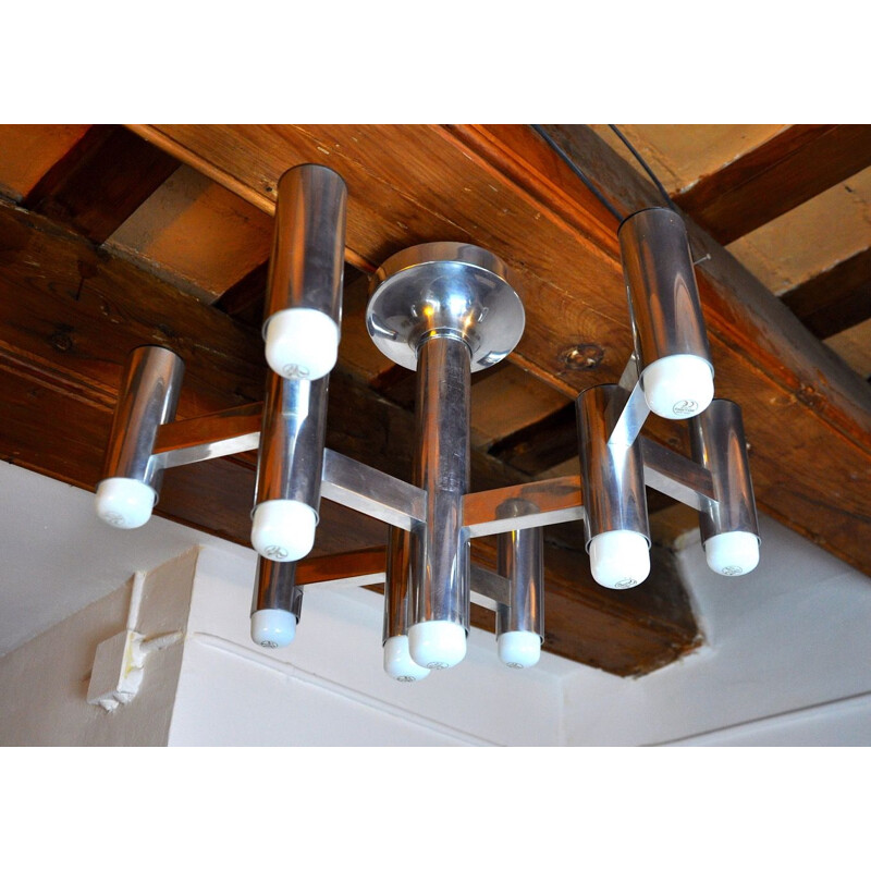 Vintage chrome-plated metal chandelier with 10 lights by Sciolari for Boulanger, Italy 1970