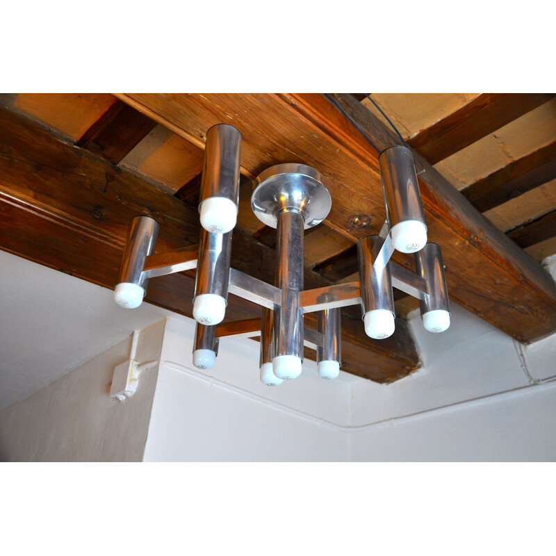 Vintage chrome-plated metal chandelier with 10 lights by Sciolari for Boulanger, Italy 1970