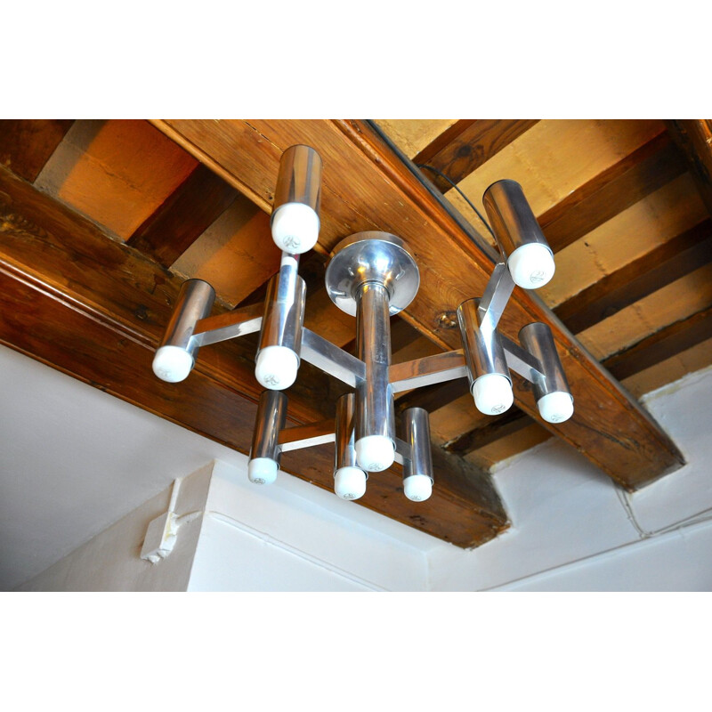 Vintage chrome-plated metal chandelier with 10 lights by Sciolari for Boulanger, Italy 1970