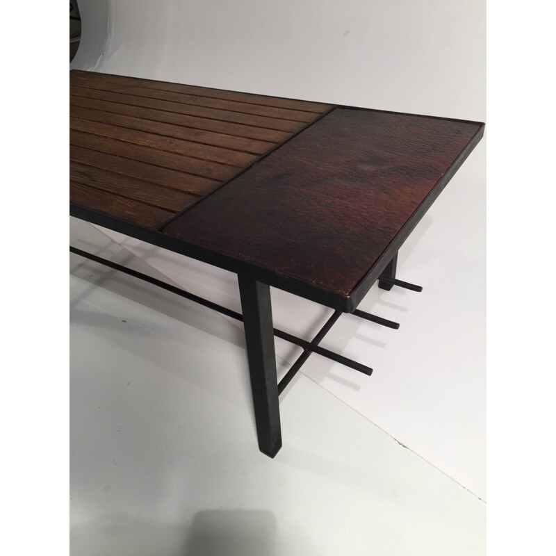 Coffee table in metal, leather and wood - 1950s 