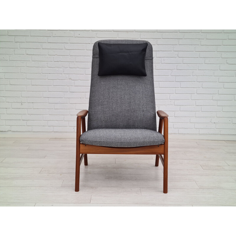 Danish vintage "Kontur" high-backed wool fabric and ash wood armchair by Alf Svensson, 1970s