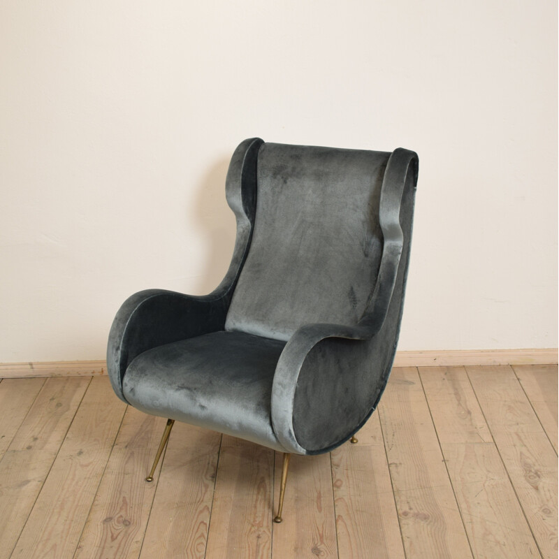 Re-upholstered armchair in grey velvet and brass - 1950s