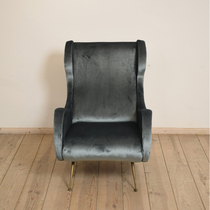 Re-upholstered armchair in grey velvet and brass - 1950s