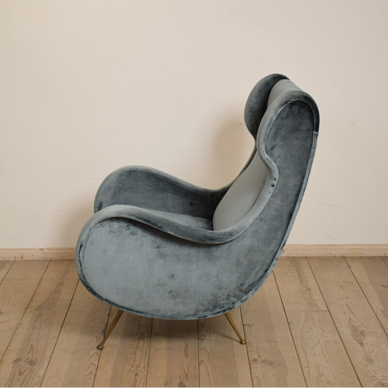 Re-upholstered armchair in grey velvet and brass - 1950s
