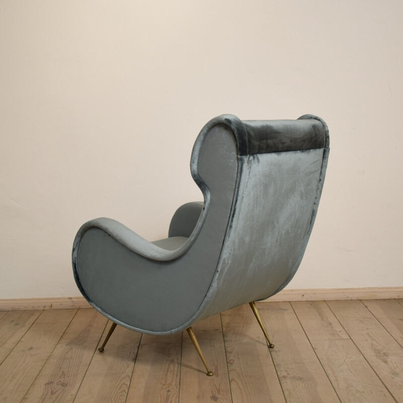 Re-upholstered armchair in grey velvet and brass - 1950s