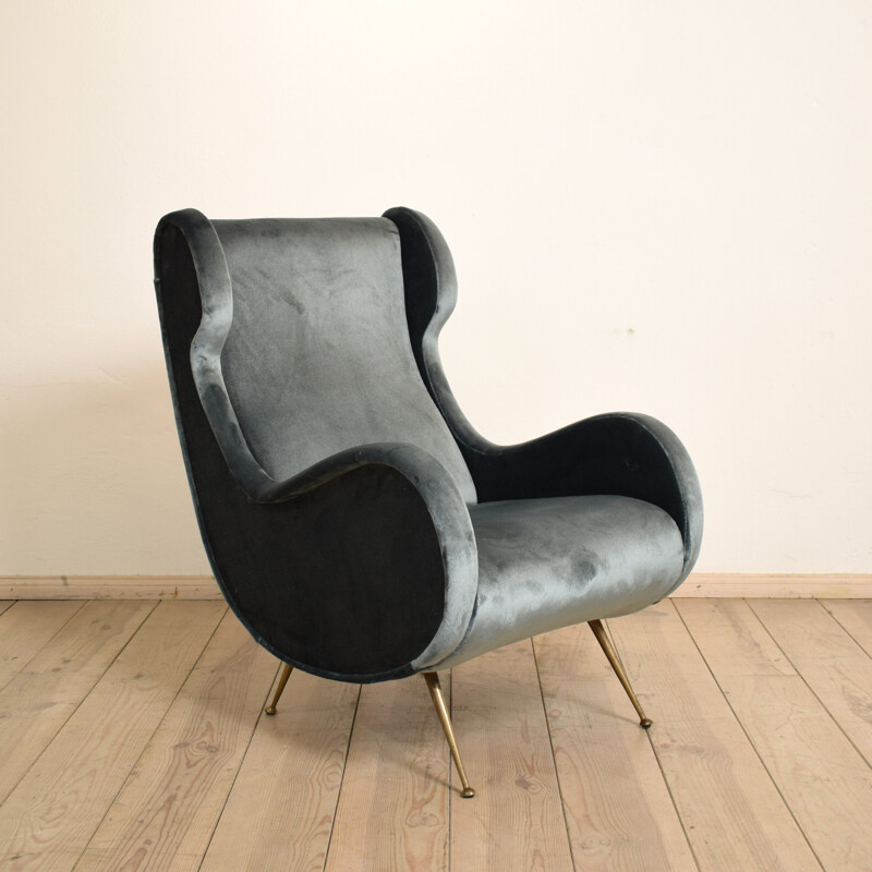 Re-upholstered armchair in grey velvet and brass - 1950s