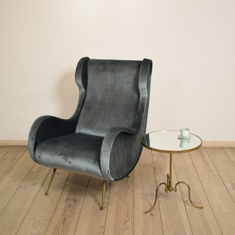 Re-upholstered armchair in grey velvet and brass - 1950s