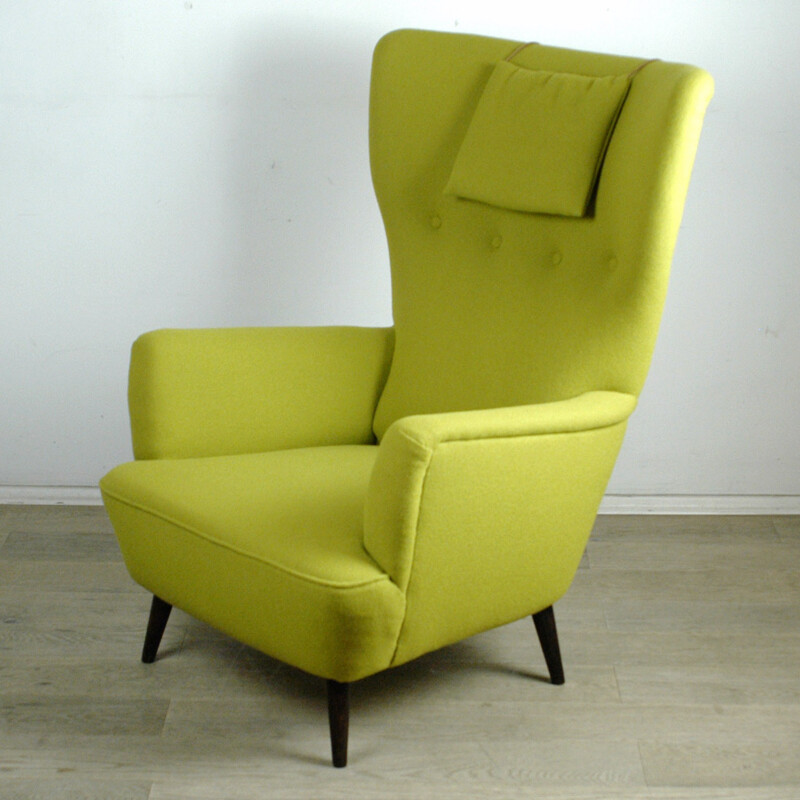Austrian wingback armchair in walnut and green Kvadrat tissu - 1950s