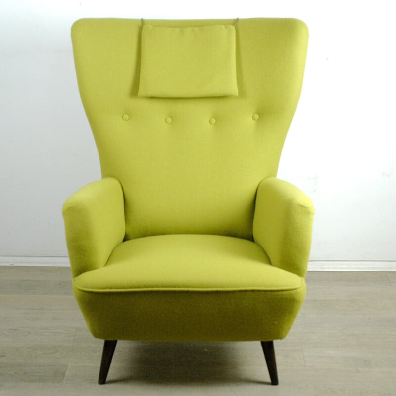 Austrian wingback armchair in walnut and green Kvadrat tissu - 1950s