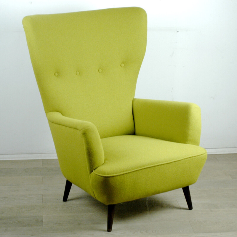 Austrian wingback armchair in walnut and green Kvadrat tissu - 1950s