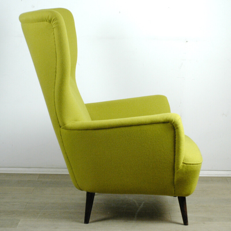 Austrian wingback armchair in walnut and green Kvadrat tissu - 1950s
