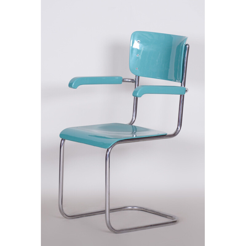 Blue Bauhaus vintage armchair in chrome and plywood by Vichr a Spol, 1930s 