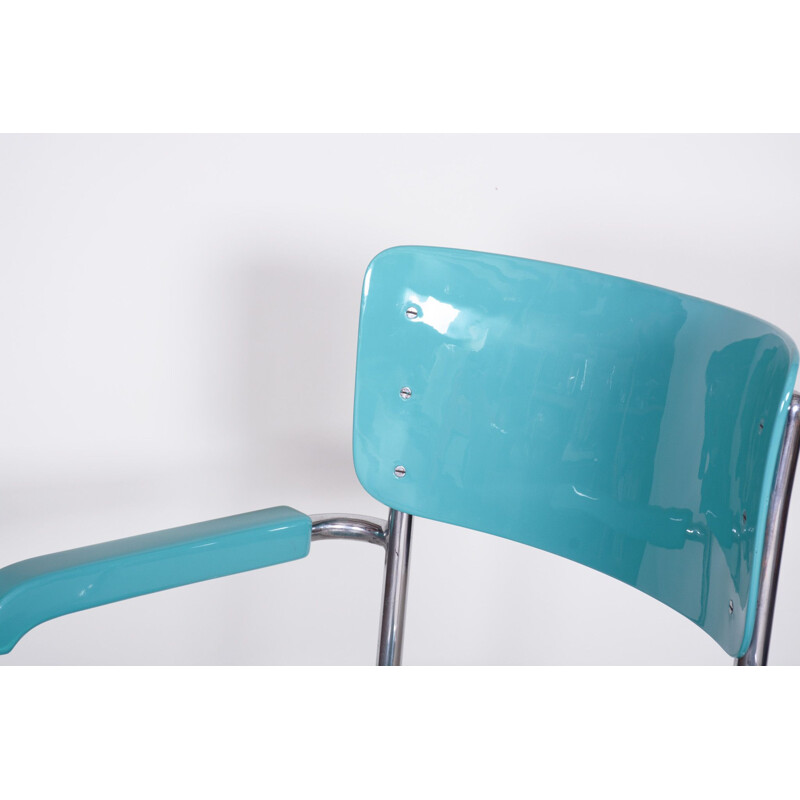 Blue Bauhaus vintage armchair in chrome and plywood by Vichr a Spol, 1930s 