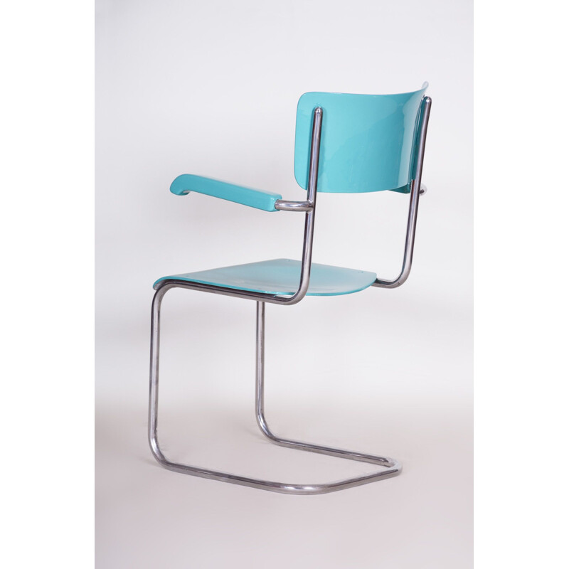 Vintage Bauhaus fauteuil in chroom en blauw multiplex van Vichr a Spol, 1930