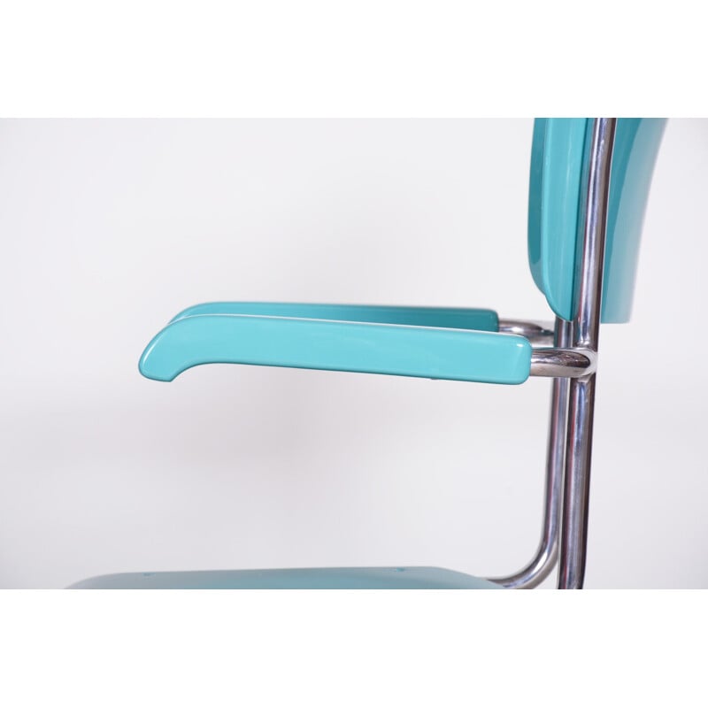 Blue Bauhaus vintage armchair in chrome and plywood by Vichr a Spol, 1930s 