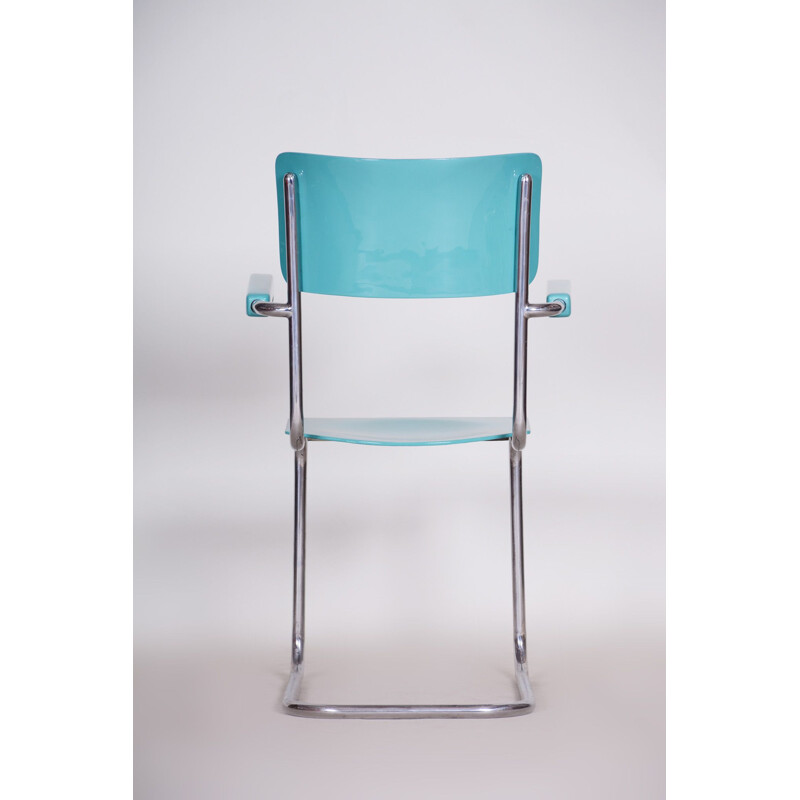 Vintage Bauhaus Sessel aus Chrom und blauem Sperrholz von Vichr a Spol, 1930