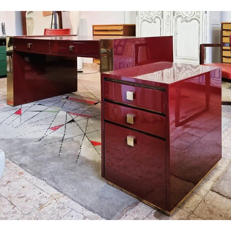 Vintage desk with box in lacquered wood & brass by Jean Claude Mahey, 1970