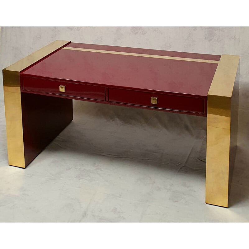 Vintage desk with box in lacquered wood & brass by Jean Claude Mahey, 1970