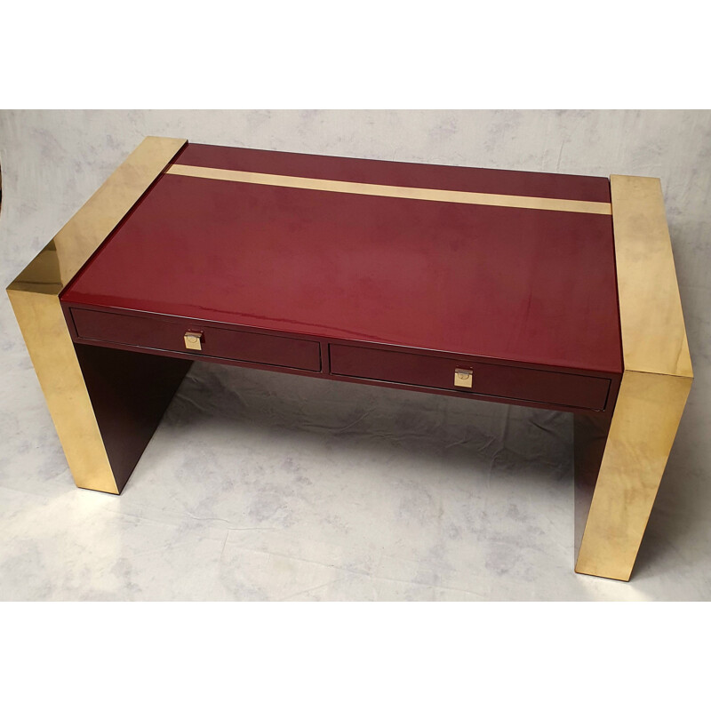 Vintage desk with box in lacquered wood & brass by Jean Claude Mahey, 1970