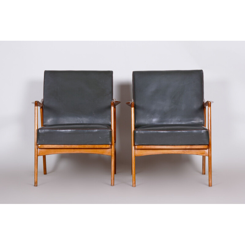 Ein Paar Vintage-Sessel aus schwarzem Leder und Eichenholz, 1940
