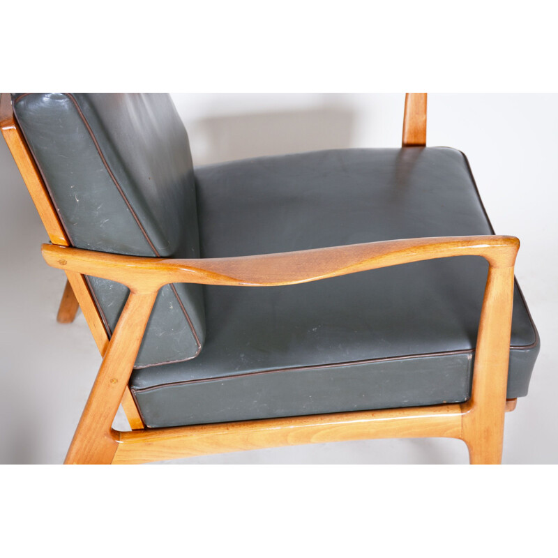 Paar vintage zwart leer en eiken fauteuils, 1940