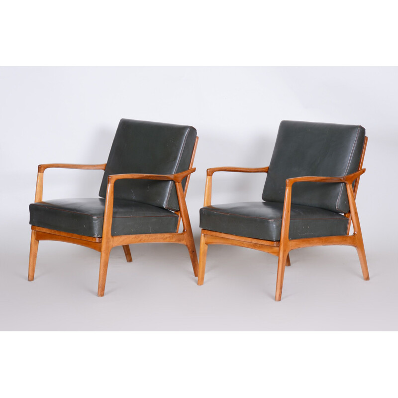 Pair of black mid century leather and oakwood armchairs, 1940s