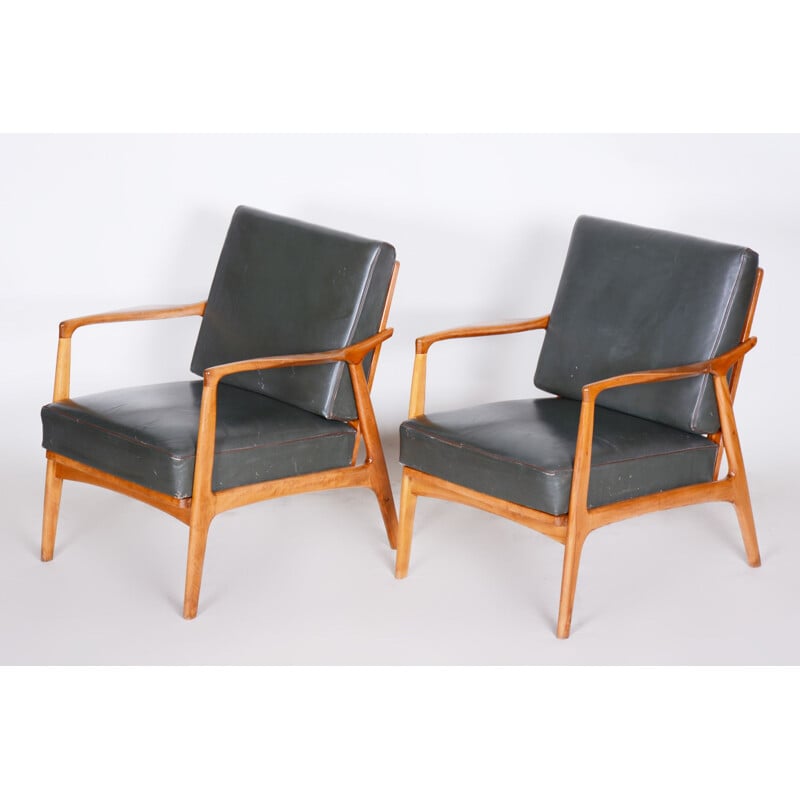 Pair of black mid century leather and oakwood armchairs, 1940s