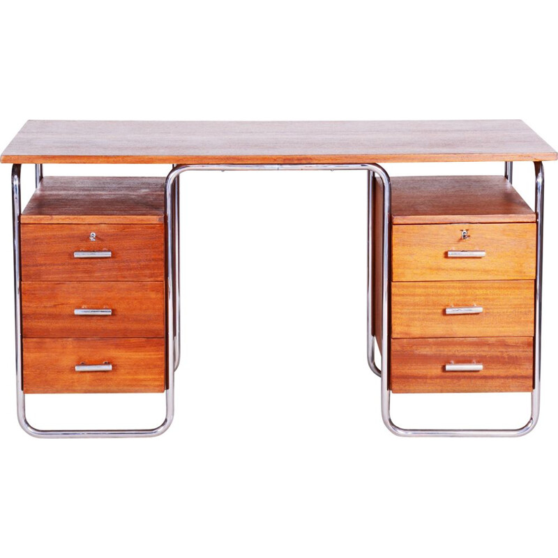 Vintage chrome steel and mahogany desk by Robert Slezak, Czech 1930