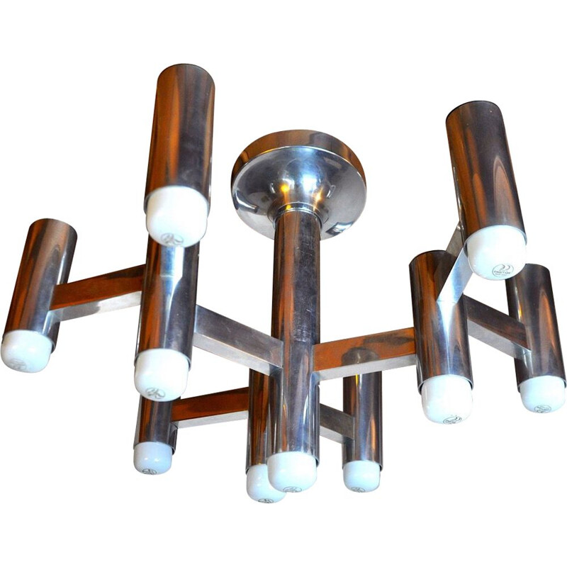 Vintage chrome-plated metal chandelier with 10 lights by Sciolari for Boulanger, Italy 1970