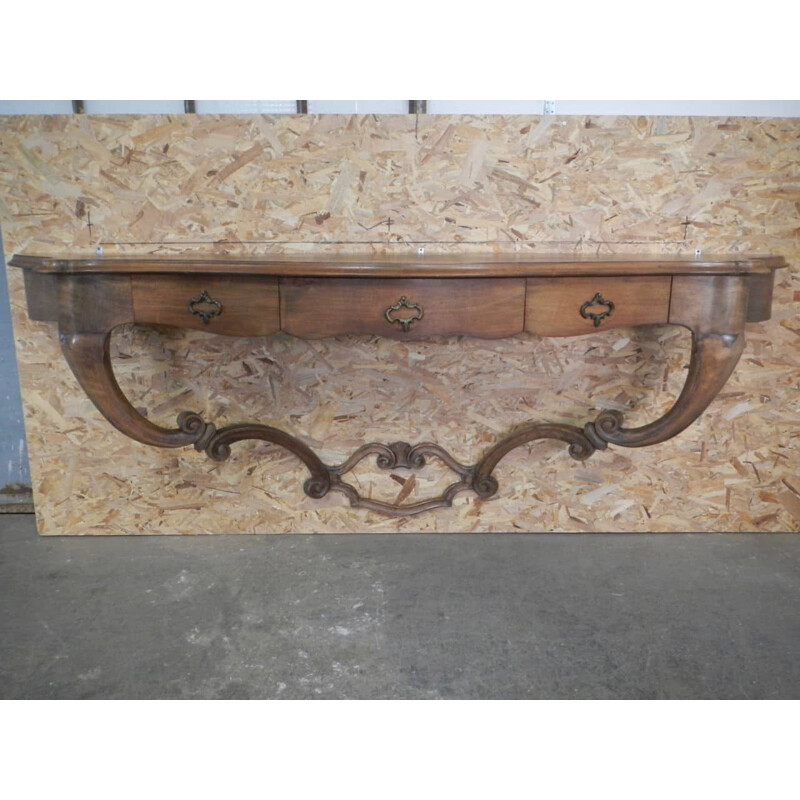 Vintage walnut wall console with 3 drawers, 1940s