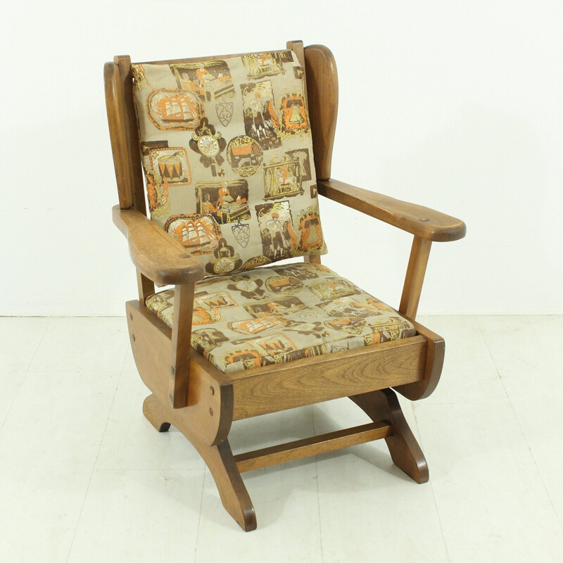 Children's rocking chair in solid beech and fabric - 1950s