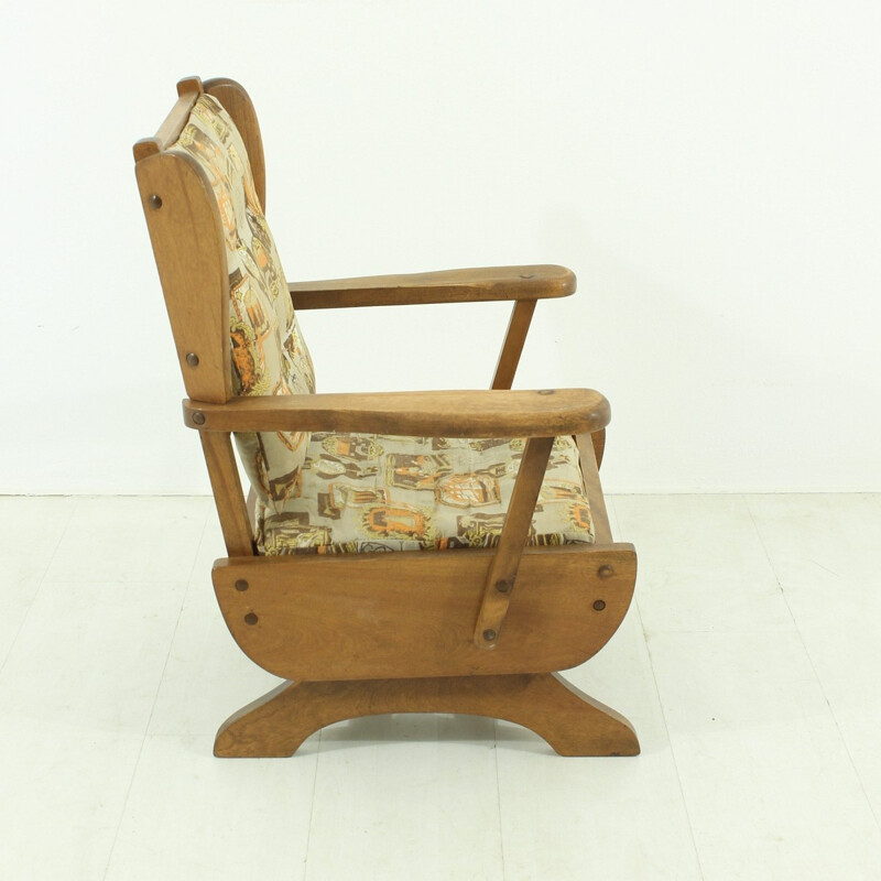 Children's rocking chair in solid beech and fabric - 1950s