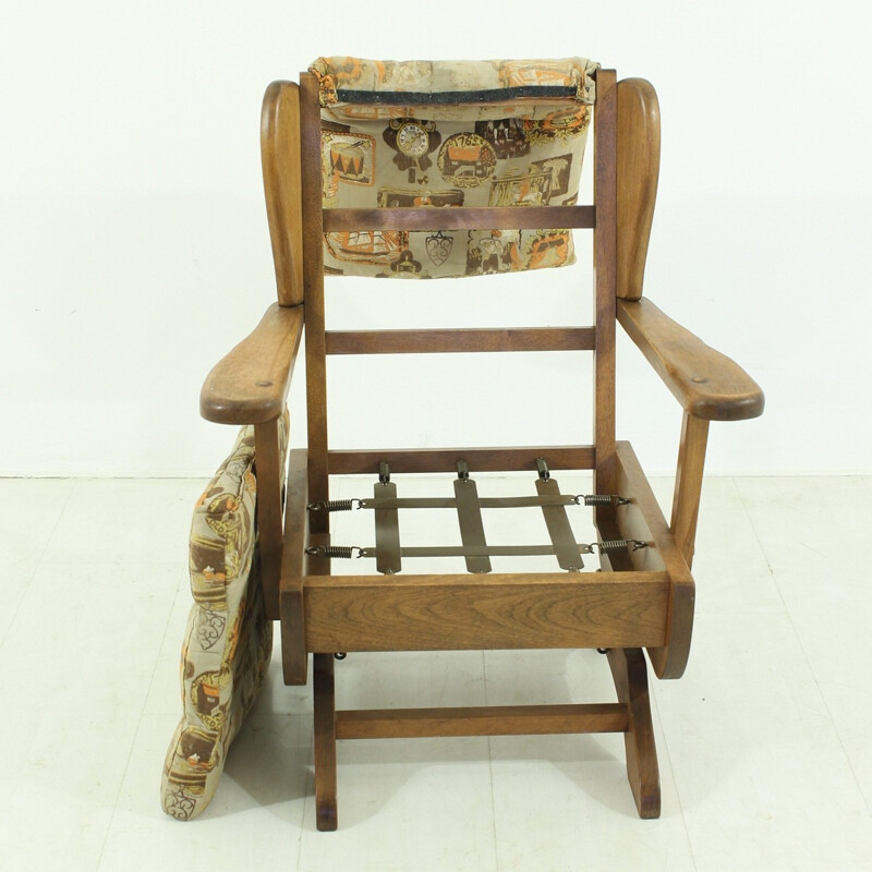 Chaise à bascule en hêtre massif et tissu - 1950