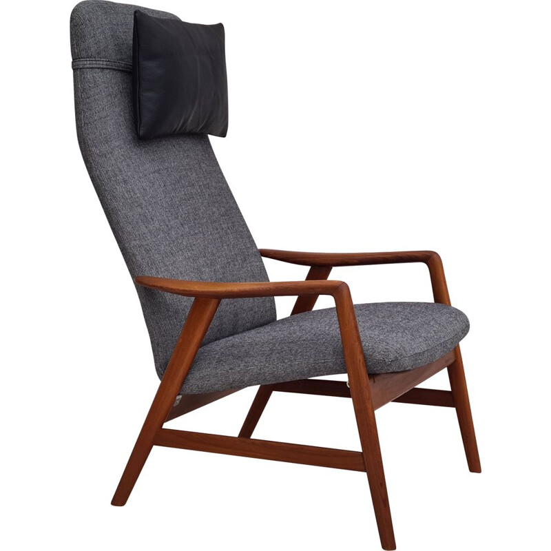 Danish vintage "Kontur" high-backed wool fabric and ash wood armchair by Alf Svensson, 1970s