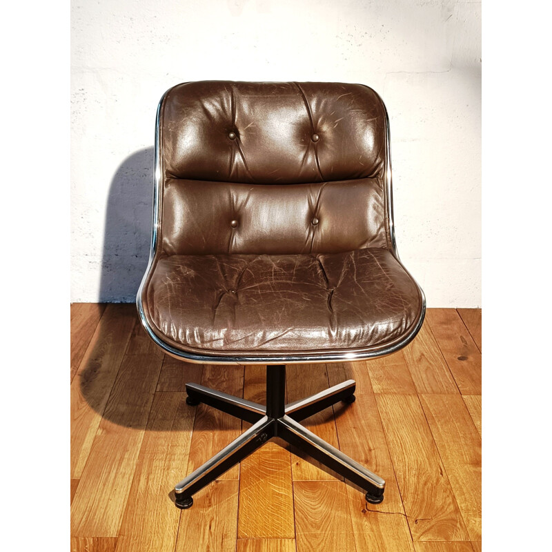 Vintage brown leather armchair by Charles Pollock for Knoll, 1970