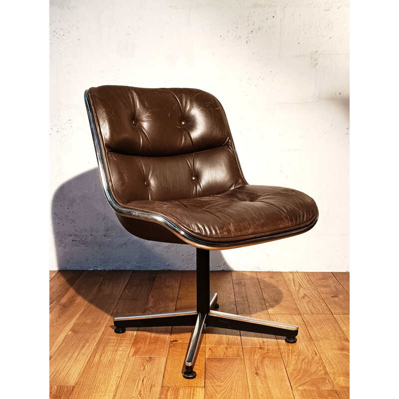 Vintage brown leather armchair by Charles Pollock for Knoll, 1970
