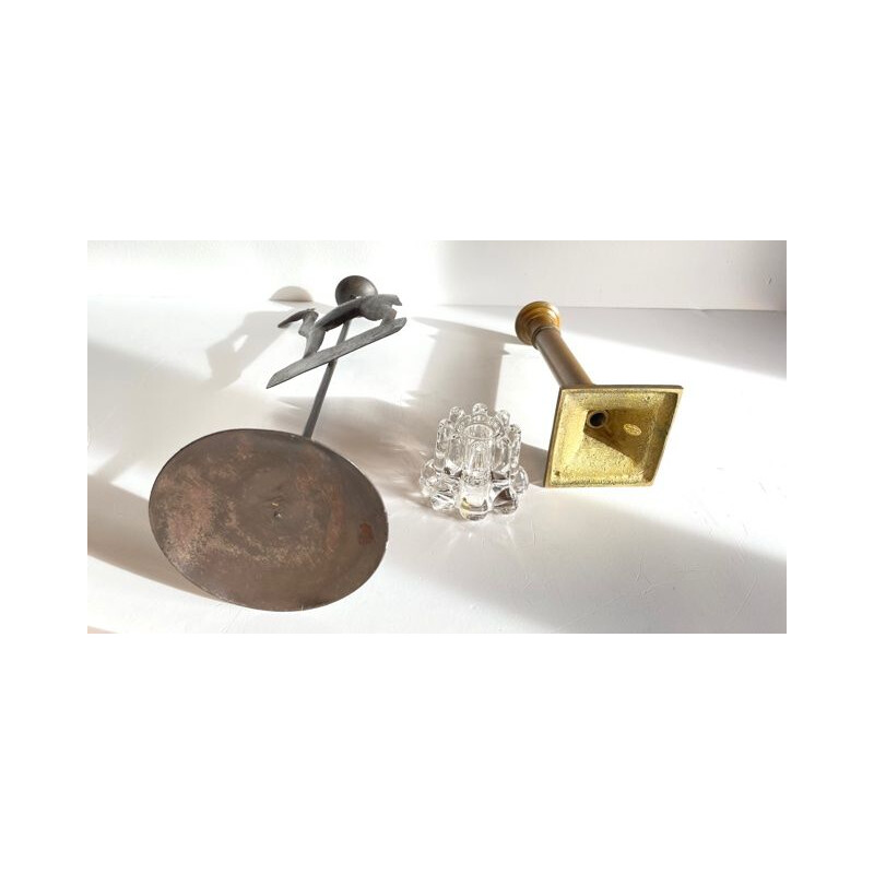 Set of 3 vintage brass and crystal candlesticks