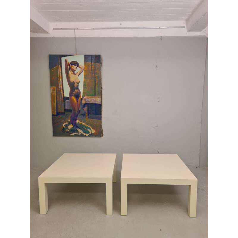 Pair of vintage coffee tables in solid wood lacquered white