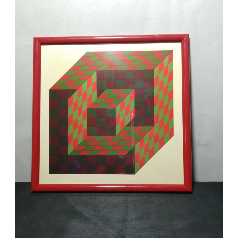 Vintage framed silkscreen by Victor Vasarely, 1975s