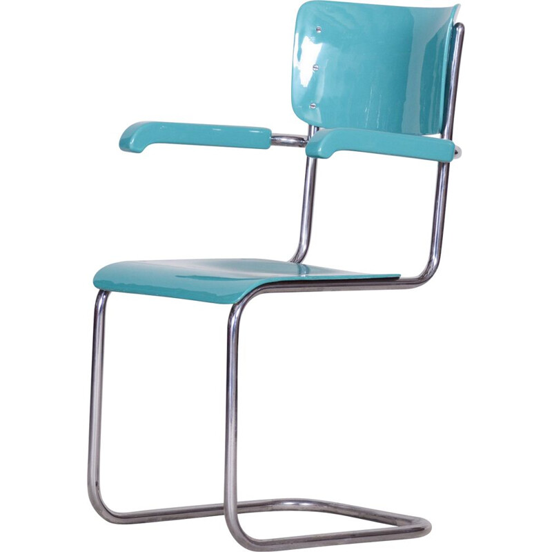 Vintage Bauhaus Sessel aus Chrom und blauem Sperrholz von Vichr a Spol, 1930