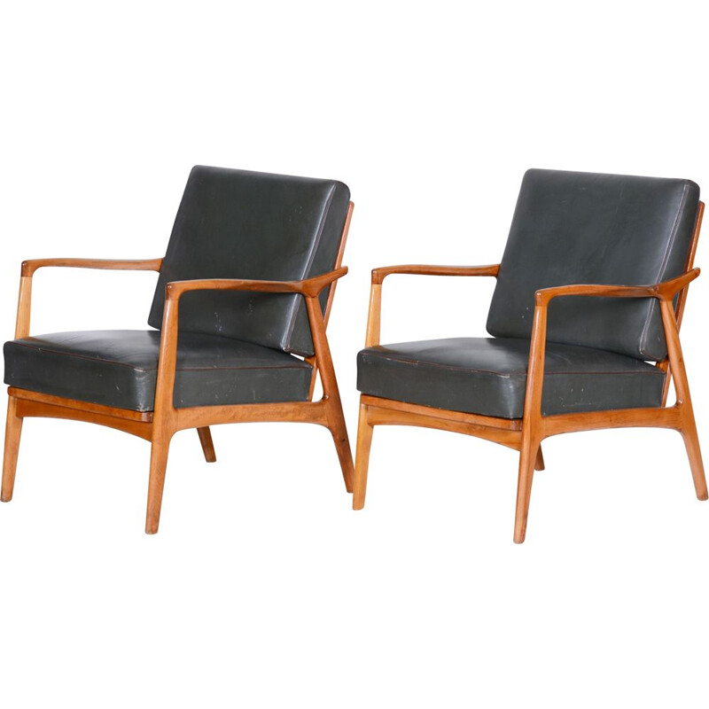 Pair of black mid century leather and oakwood armchairs, 1940s