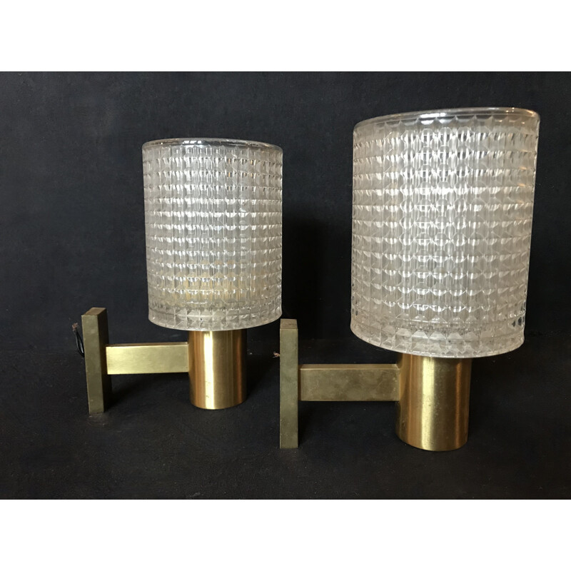 Pair of vintage crystal and brass wall lamps by Carl Fagerlund for Orrefors, Sweden 1950