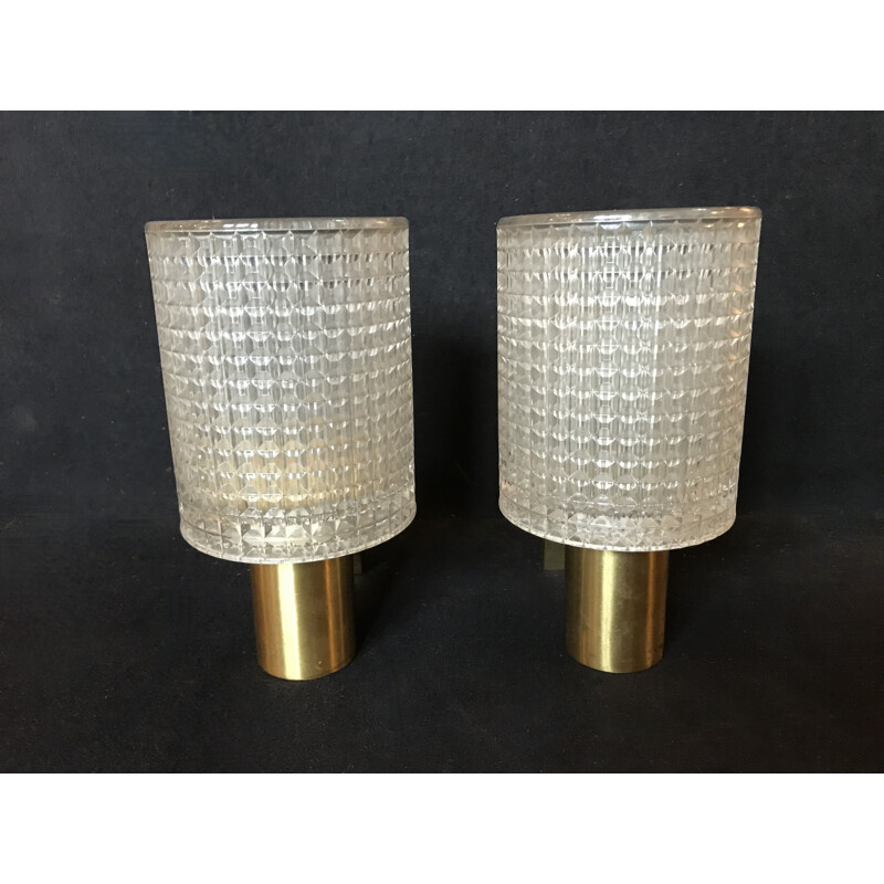 Pair of vintage crystal and brass wall lamps by Carl Fagerlund for Orrefors, Sweden 1950