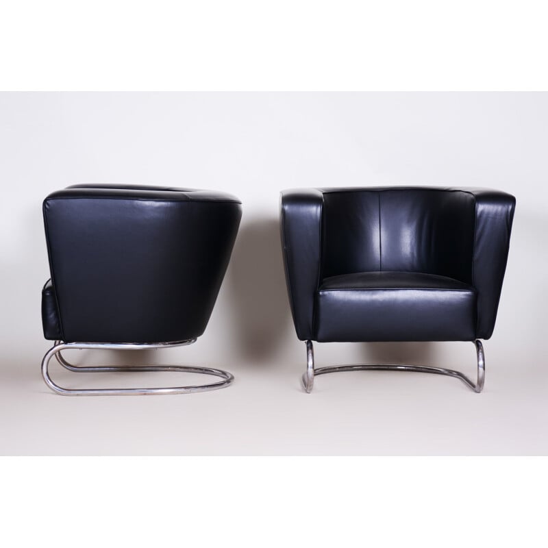 Pair of vintage black leather armchairs by Jindrich Halabala for Up Zavody, 1930