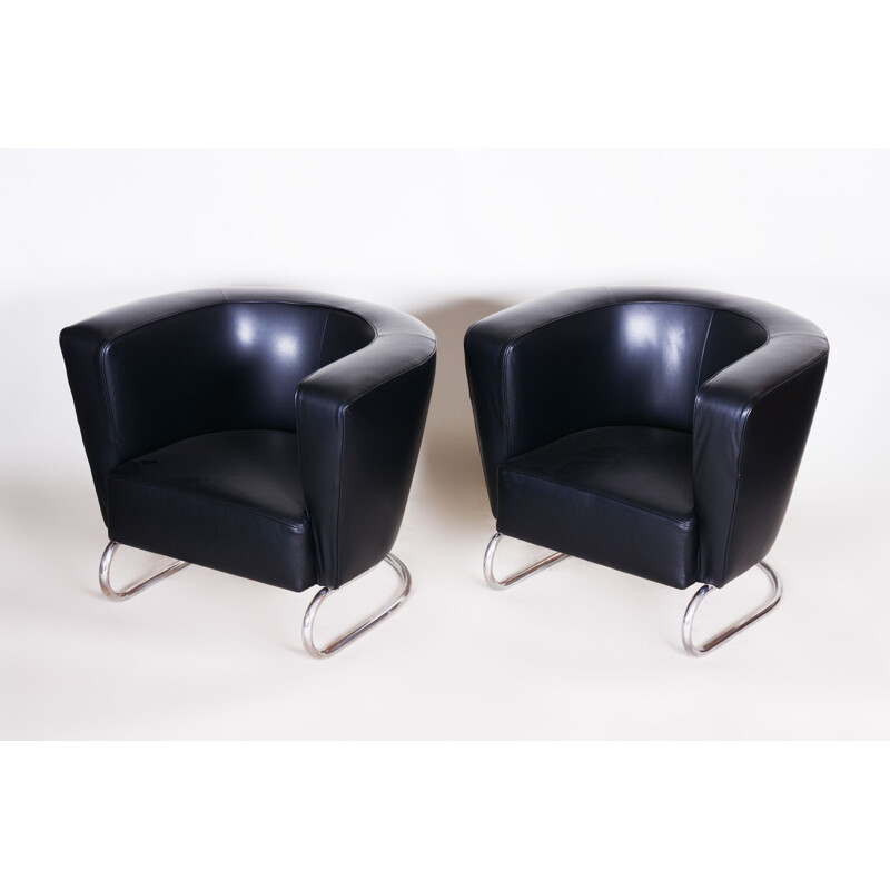 Pair of vintage black leather armchairs by Jindrich Halabala for Up Zavody, 1930