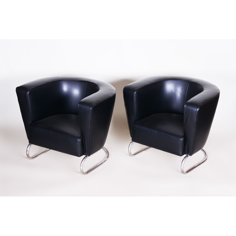 Paire de fauteuils vintage en cuir noir par Jindrich Halabala pour Up Zavody, 1930