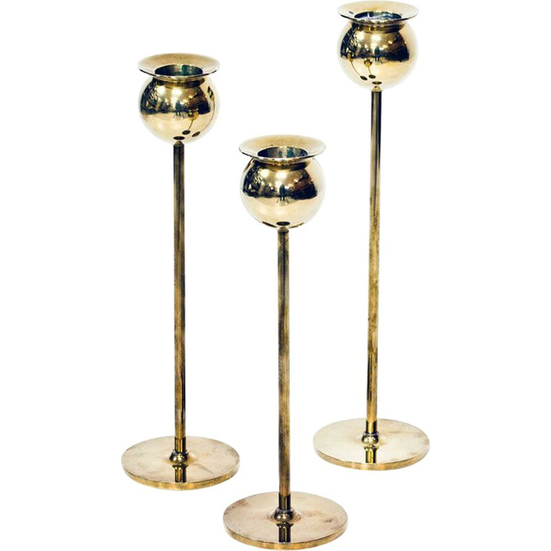 Set of 3 vintage brass Tulip candlesticks by Pierre Forssell for Skultuna, 1970s